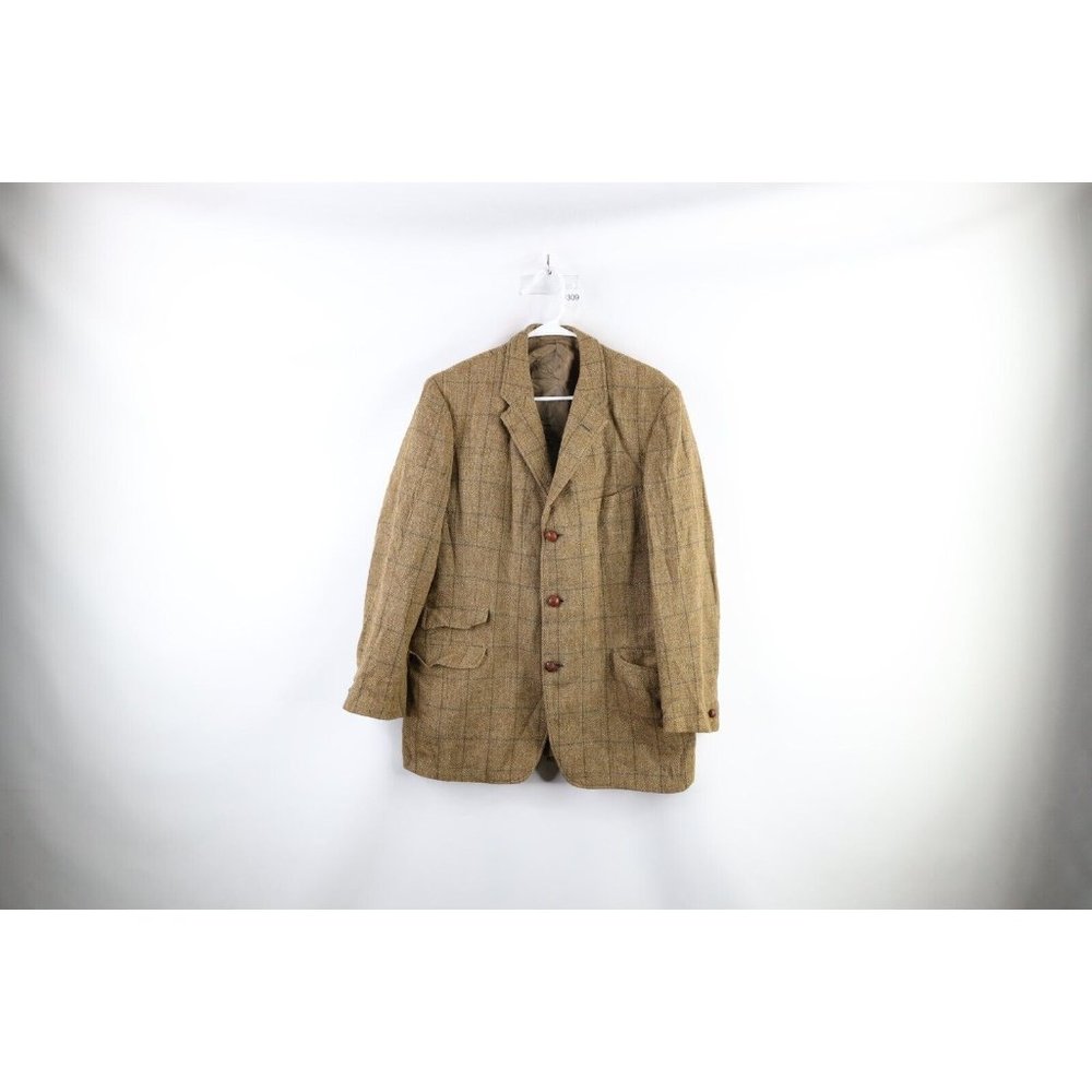 Vintage 70s Daks 42L Wool Tweed Country 3 Button Suit Jacket Sport Coat Plaid